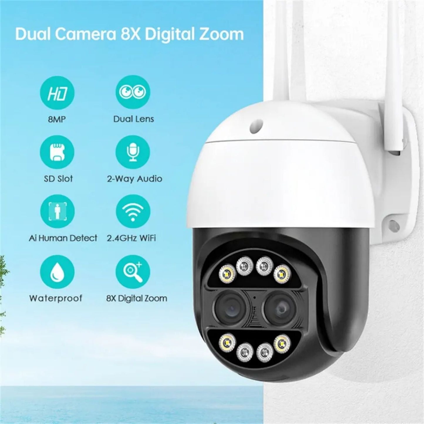 A8S Outdoor Camera with Color Night Vision 8x Zoom Wireless Connectivity Weatherproof